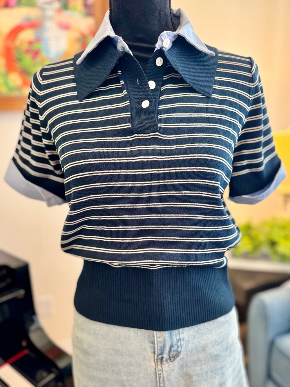 Navy Stripe Polo Knit Top with Contrast Collar